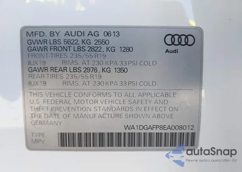 2014 Audi Q5 3.0T Premium Plus из США, поврежденный, VIN WA1DGAFP8EA008012